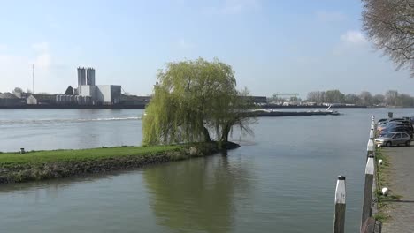 Netherlands-Schoonhoven-Barge-And-Willow-And-Walkway-Pan-Right