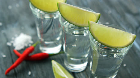 Servierte-Shots-Mit-Tequila-Und-Limettenscheiben