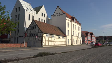 Germany-Wismar-buildings-and-road-by-harbor