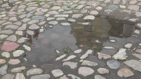 Germany-Wismar-reflection-of-building-in-puddle-in-cobblestones