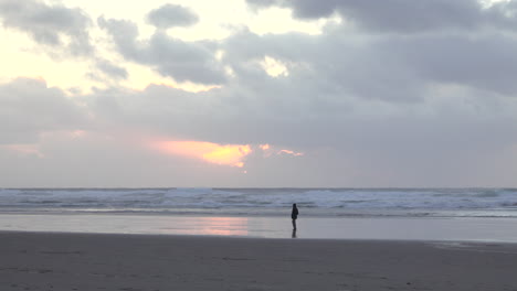 Oregon-person-walks-on-beach-near-sunset