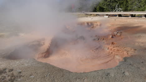 Yellowstone-Hirviendo-Agua-Fangosa-Roja-Con-La-Cuenca-Del-Géiser-Inferior-Turístico