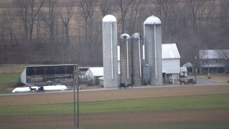 Amish-buggies-pass-silos