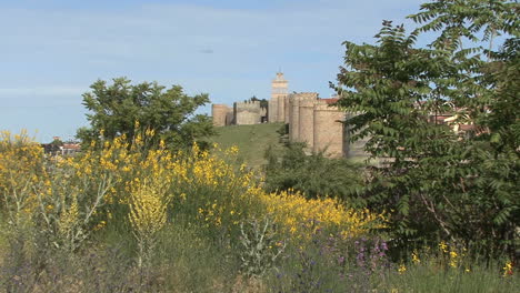 Avila-Spanien-Wände-Und-Gelbe-Blumen-Zoomt-Rein