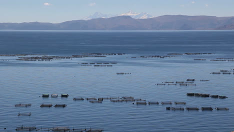 Peru-Titicacasee-Ruhiges-Wasser-Und-Fischzuchtboxen