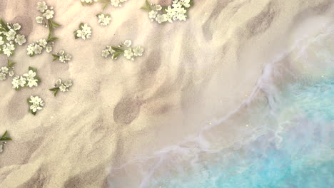 Closeup-sandy-beach-with-blue-waves-of-ocean-and-flowers