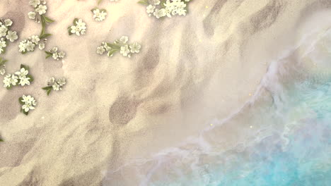 Closeup-sandy-beach-with-blue-waves-of-ocean-and-flowers-2