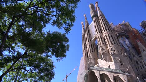 Low-angle-of-the-Sagrada-Familia-cathedral-by-Gaudi-in-Barcelona-Spain