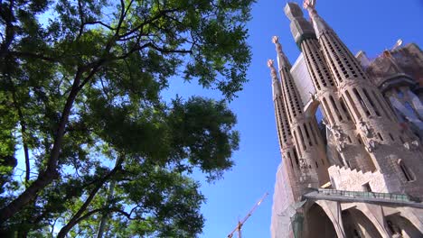 Low-angle-of-the-Sagrada-Familia-cathedral-by-Gaudi-in-Barcelona-Spain-1