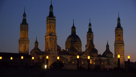 The-classic-and-beautiful-Catholic-church-at-Zaragoza-Spain-at-dusk