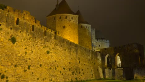 The-walls-and-ramparts-of-the-beautiful-Carcassone-Fort-in-the-south-of-France-at-night-