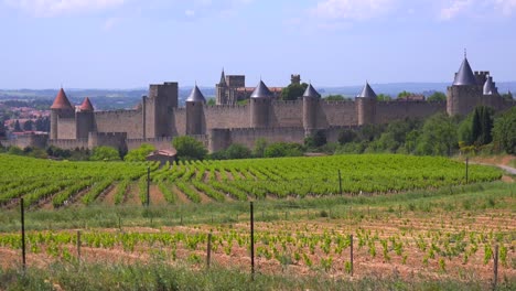 La-Hermosa-Fortaleza-Del-Castillo-De-Carcassonne,-Francia-Con-Campos-En-Primer-Plano