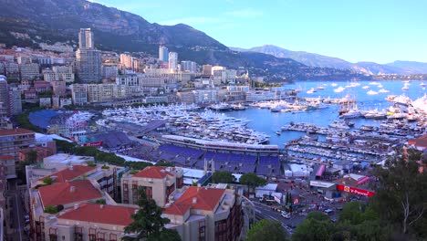 Wide-angle-establishing-shot-of-Monaco-includes-the-harbor-and-surrounding-hills