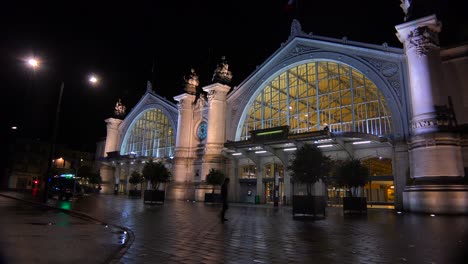 Exterior-of-a-French-railway-station-at-night