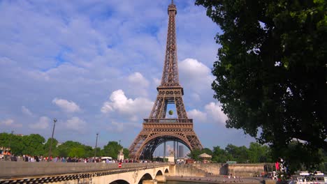 Tilt-up-from-the-Seine-River-to-the-Eiffel-Tower-Paris