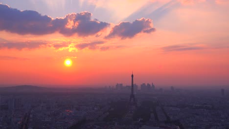 Gorgeous-high-angle-view-of-the-Eiffel-Tower-and-Paris-at-sunset