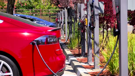 A-Tesla-electric-car-charges-at-a-charging-station