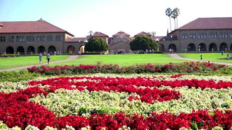 Establishing-shot-of-the-Stanford-University-campus-at-Palo-Alto-California-with-flor-garden-foreground
