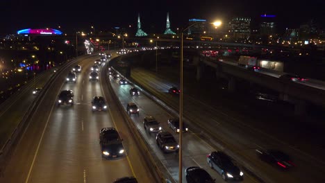 Traffic-travels-on-a-major-highway-at-night-near-Portland-Oregon