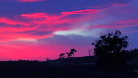 Ein-Wunderschöner-Jenseitiger-Sonnenaufgang-Oder-Sonnenuntergang-Entlang-Der-Kalifornischen-Küste-Mit-Einem-Silhouettenbaum-Im-Vordergrund
