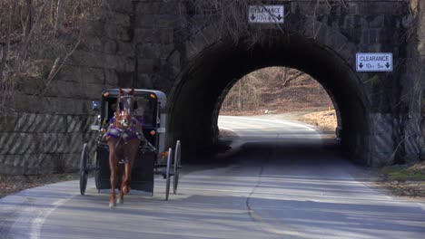 Ein-Amischer-Pferdewagen-Fährt-Durch-Einen-Tunnel