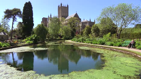 An-establishing-shot-of-the-main-cathedral-abbey-of-Wells-England-with-botanical-gardens-foreground