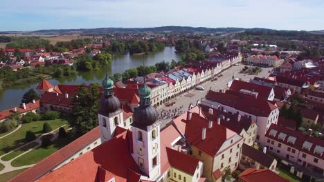 An-aerial-over-the-quaint-village-of-Telc-in-the-Czech-Republic