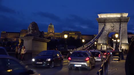Traffic-crosses-a-narrow-bridge-over-the-Danube-River-in-Budapest-Hungary