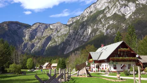 Establish-shot-of-houses-and-chalets-in-the-Julian-Alps-near-Lake-Bohinj-Slovenia