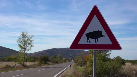 A-road-sign-warns-of-wild-boars-along-the-highway-in-Croatia