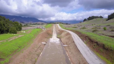 Good-aerial-shot-of-an-aqueduct-flowing-through-the-desert-and-mountains-of-California-4