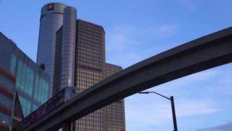 Nice-shot-looking-up-at-rapid-transit-train-in-downtown-Detroit-Michigan