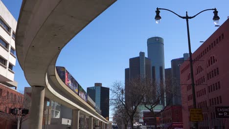 Nice-shot-looking-up-at-rapid-transit-train-in-downtown-Detroit-Michigan-1