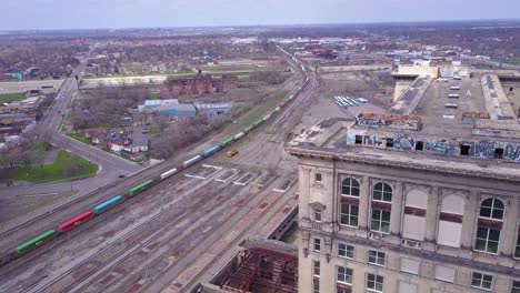Sweeping-aerial-of-the-exterior-of-the-abandoned-central-train-station-in-Detroit-Michigan-1