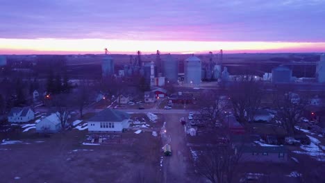 Aerial-at-sunset-near-a-small-midwestern-town