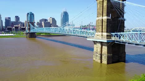 A-rising-aerial-shot-of-Cincinnati-Ohio-with-bridge-crossing-the-Ohio-River