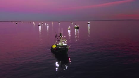 Antena-De-Pescadores-De-Calamar-Con-Barcos-De-Pesca-Iluminados-Por-Focos-Brillantes-Frente-A-La-Costa-De-Malibu,-California-2