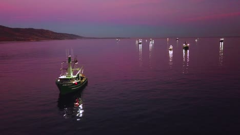Antena-De-Pescadores-De-Calamar-Con-Barcos-De-Pesca-Iluminados-Por-Focos-Brillantes-Frente-A-La-Costa-De-Malibu,-California-3