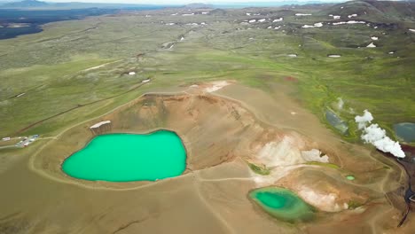 Beautiful-drone-shot-of-the-Krafla-geothermal-area-in-Iceland-with-green-lakes-and-steaming-hot-pots-5