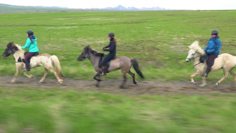 Schöne-Reiseaufnahme-Von-Isländischen-Ponypferden-Und-Reitern-In-Der-Landschaft-Islands-1