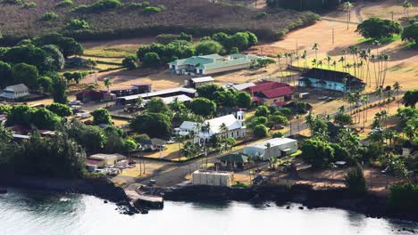 High-angle-establishing-shot-of-Kalaupapa-town-settlement-on-the-island-of-Molokai-Hawaii