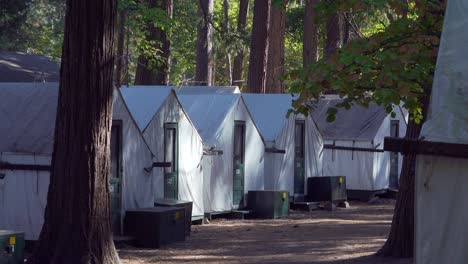 Camper-Modelo-Liberado-Camina-A-Través-De-Una-Hilera-De-Carpas-De-Lona-Blanca-En-Curry-Village,-El-Parque-Nacional-Del-Valle-De-Yosemite,-California