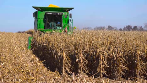 A-harvester-moves-through-cornfields-at-harvest-time-in-rural-America