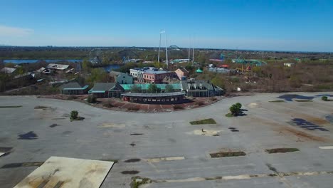 Aerial-shot-over-an-abandoned-and-decaying-theme-park