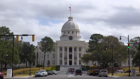 An-establishing-shot-of-downtown-Montgomery-Alabama-with-capitol-building-distant-1