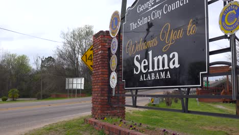 Establishing-shot-of-sign-welcoming-visitors-to-Selma-Alabama-