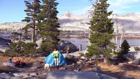 A-woman-and-her-dog-set-up-a-tent-in-the-Desolation-Wilderness-of-the-Sierra-Nevada-mountains