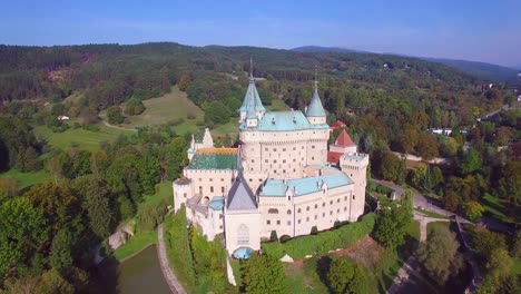 A-beautiful-aerial-establishing-view-of-the-romantic-Bojnice-Castle-in-Slovakia-2