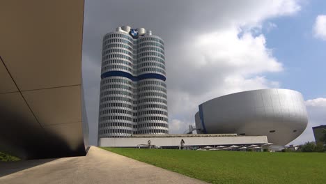Establishing-shot-of-BMW-headquarters-in-Munich-Germany