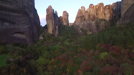 Beautiful-rising-aerial-over-the-rock-formations-of-Meteora-Greece